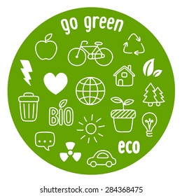 Hand drawn doodle style ecology themed symbols arranged in a circle.