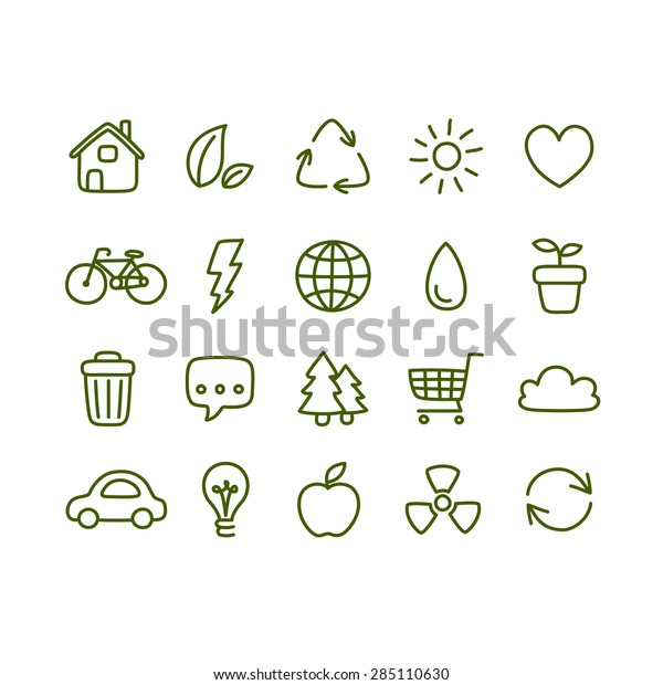 Hand drawn doodle style ecology themed icons\
isolated on white\
background.