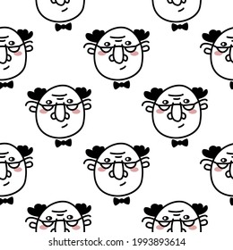 Cara estilo doodle dibujada a mano del viejo con fondo de gafas. Patrón transparente de vector blanco y negro.