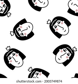 Hand drawn doodle style face of young princess girl background. Trendy black and white vector seamless pattern.