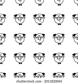Hand drawn doodle style face of old man with glasses background. Trendy black and white vector seamless pattern.