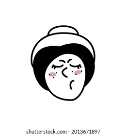 Hand drawn doodle style face of young disgruntled woman. Trendy black and white vector illustration.