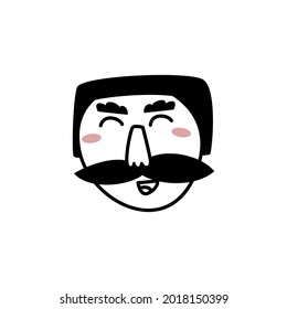 Cara de hombre con bigote de peluche con estilo de doodle dibujado a mano. Ilustración vectorial moderna en blanco y negro.
