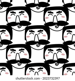 Cara de hombre con un fondo de bigote de color crudo. Patrón transparente de vector blanco y negro.