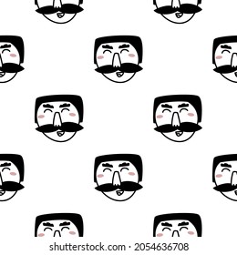 Hand drawn doodle style face of man with bushy mustache background. Trendy black and white vector seamless pattern.