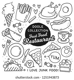 Hand drawn doodle style fast food elements. Clip arts collection