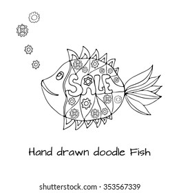 Hand drawn doodle style fish with mechanic details inside. Robot fish animal. Black and white sketch with SALE sign inside. Kids cartoon style. Vector stock illustration. Coloring book template. 