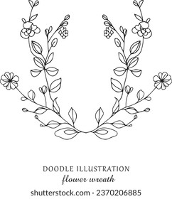 Hand drawn doodle style floral wreath for posters, recipes, culinary design, labels, tags, emblems, greeting cards, print,decorative borders, frames, wreaths, laurels, tattoo. Vector illustration