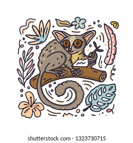 Hand drawn doodle style galago or bushbaby with flowers and leaves elements. Vector illustration.