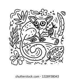 Hand drawn doodle style galago or bushbaby with flowers and leaves elements. Vector coloring book illustration.