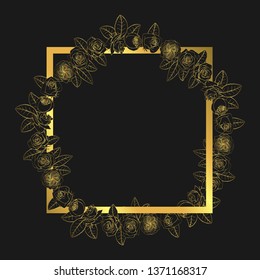 Hand drawn doodle style golden rose flowers wreath around square frame. floral design element. isolated on black background. stock vector illustration.