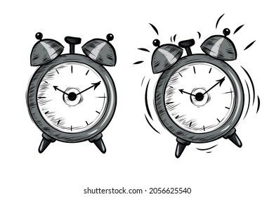 Hand Drawn Doodle Style grey Alarm Clock. Vector Alarm Clocks Set Isolated on White Background. Vintage Style alarm Clock Design Element. Ringing morning alarm clock drawn by hand. Old-fashioned Timer