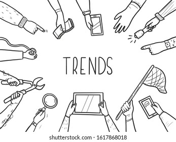 Hand drawn doodle style hands with different elements: tablet, magnifier, skip. Concept of chaze trend, marketing, search popular information, business seo. Vector illustration with text place.