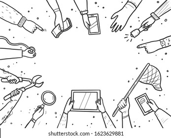 Hand drawn doodle style hands with different elements, tablet, magnifier, skip. Concept of chaze trend, marketing, search popular information, business seo. Vector illustration with text place.