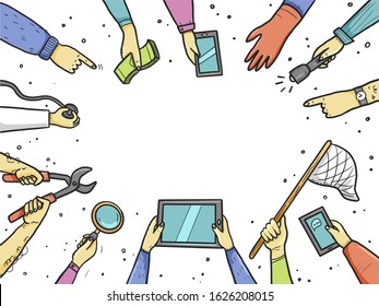 Hand drawn doodle style hands with different elements, tablet, magnifier, skip. Concept of chaze trend, marketing, search popular information, business seo. Vector illustration with text place.