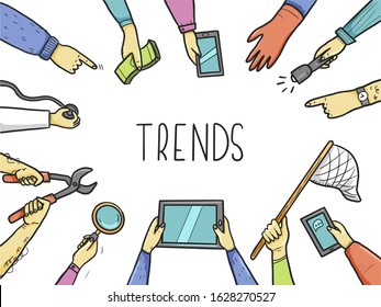Hand drawn doodle style hands with different elements, tablet, magnifier, skip. Concept of chaze trend, marketing, search popular information, business seo. Vector illustration with text place.