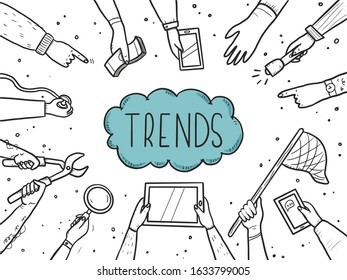 Hand drawn doodle style hands with different elements, tablet, magnifier, skip. Concept of chaze trend, marketing, search popular information, business seo. Vector illustration with text place.