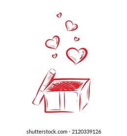 Hand Drawn Doodle Style Hearts Illustrations flying up from surprise box Retro Vintage Red Heart Pencil Drawing for Holiday Design. Valentine's day, Mother's Day, Woman's day Wedding or Birthday cards