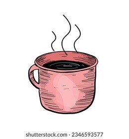 Café caliente con estilo de garganta dibujado a mano o Ilustración de taza de té. Elemento de diseño de taza de estilo Doodle con vapor volador. Ilustración de taza de bebidas calientes. Pintura de Doodle Style. Ilustración de la copa caliente al vapor.