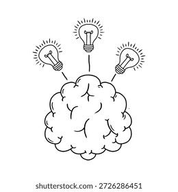 Dibujado a mano doodle estilo cerebro humano con bombillas ilustración concepto de pensamiento creativo aislado sobre fondo blanco