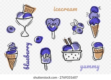 Hand drawn doodle style ice cream set with blueberry flavors, cones, sundaes and popsicles. Cute sketch vector illustration perfect for cafe menus, summer designs, desserts branding and playful projects.