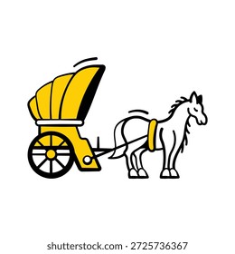 Icono de estilo doodle dibujado a mano de carruaje de caballos, viajes históricos y transporte