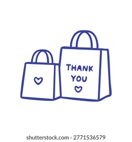 Hand drawn doodle style icon of two shopping bags decorated with heart symbols and the text thank you