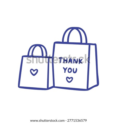 Hand drawn doodle style icon of two shopping bags decorated with heart symbols and the text thank you