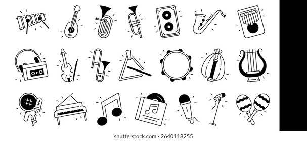 Hand Drawn Doodle Style Icons of Various Musical Instruments and Audio Equipment