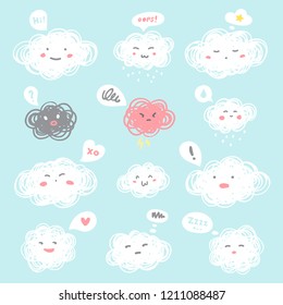 Hand drawn doodle style illustration. Cute fluffy clouds with kawaii cartoon emoji faces and speech bubbles. Emoticons with facial expressions, emotions - anger, love, surprise, shame, joy, distrust.