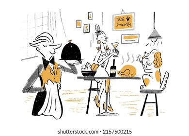 Hand drawn doodle style illustration of pet-friendly restaurant. Waiter serving food with woman and her pet dog sitting at table to enjoy big meal.