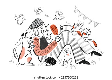 Hand Drawn Doodle Style Illustration Of A Woman Having Fun With Cute Pets At Park. Concept Of Pet Friendly Park Or Animal Companion.