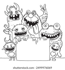 Hand drawn doodle style illustration featuring monster characters holding a blank sign with expressive faces, designed as a black and white coloring page.
