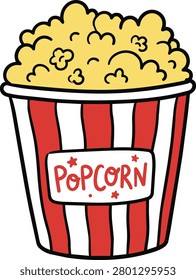 Hand drawn doodle style illustration of a movie snack. A striped container with a label that says Popcorn is full of buttery popped corn.