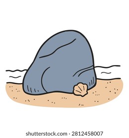 Hand drawn doodle style illustration featuring a single large gray blue rock sitting on yellow sand with a small seashell tucked beside it