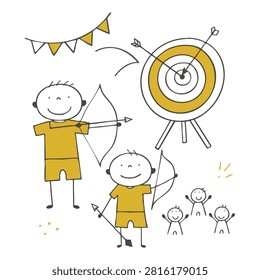 Hand drawn doodle style illustration featuring children with bows aiming at a target with spectators cheering in the background