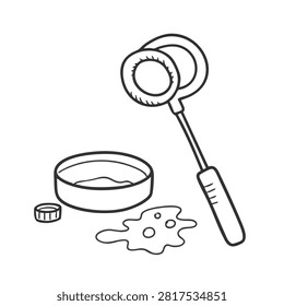 Hand drawn doodle style illustration featuring a bubble blowing wand with a container of soap solution and spilled liquid