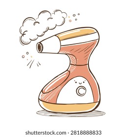 Hand drawn doodle style illustration of a portable facial steamer machine emitting steam for skincare routine