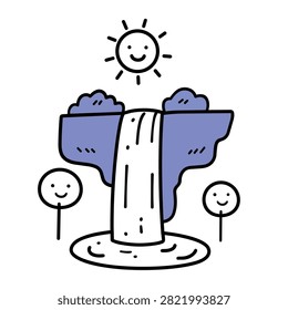 A hand drawn doodle style illustration featuring a waterfall flowing from a purple cliff under a happy smiling sun with stylized trees on either side.