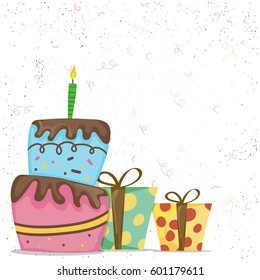 Hand drawn doodle style illustration of Colorful Cake with Wrapped Gift Boxes on confetti background.