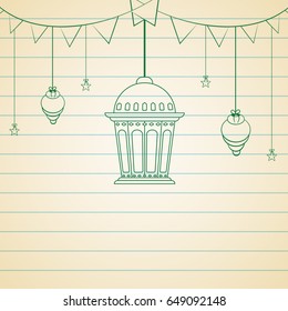 Hand drawn doodle style illustration of hanging lamps, stars and buntings on notebook paper background for Ramadan Kareem.