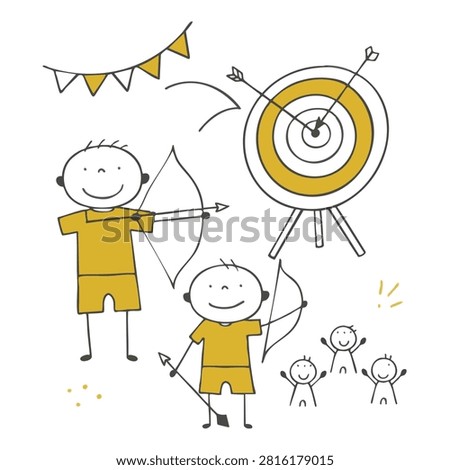 Hand drawn doodle style illustration featuring children with bows aiming at a target with spectators cheering in the background