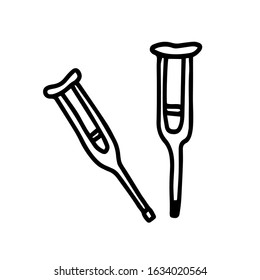 Сrutches in hand drawn doodle style isolated on white background. Vector stock outline illustration. Single dog-nail. Sign spike element. Medical equipment. Recovery after a fracture limbs or sprain.