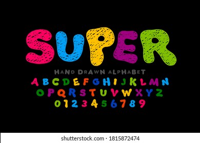 Hand Drawn Doodle Style Kids Font, Alphabet Letters And Numbers Vector Illustration