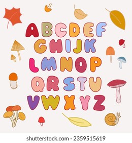 Hand drawn doodle style letters autumn alphabet. For kids design, scrapbooking, greetings, DIY projects.