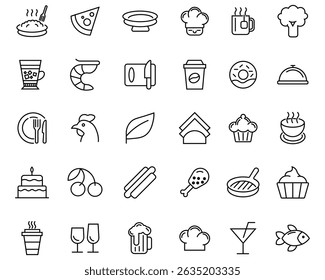 Hand drawn doodle style line icons of food. Contains such Icons as Sushi and rolls, hot dog, pizza, drink, fish and more. Delicious, healthy and culinary items in flat design.