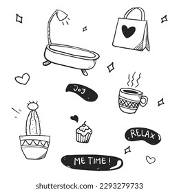 Hand drawn doodle style me time vector set illustration