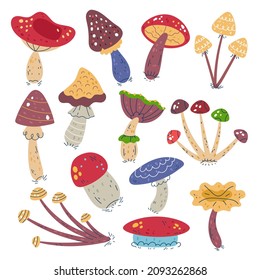 Hand drawn doodle style mushrooms concept illustration. Vector flat cartoon graphic design isolated set