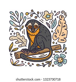 Hand drawn doodle style night monkey with floral elements. Vector illustration.