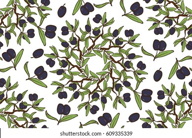Hand Drawn doodle style Olive Oil Seamless Pattern With Sketch Olive Tree branches and fruits arranged in wreaths . EPS10 vector illustration.